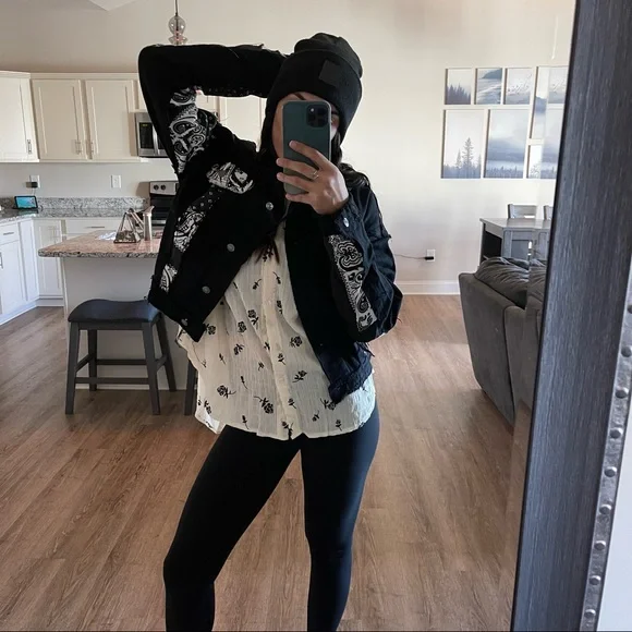 West Side Black Bandana Distressed Denim Jacket - Picture 13 of 14